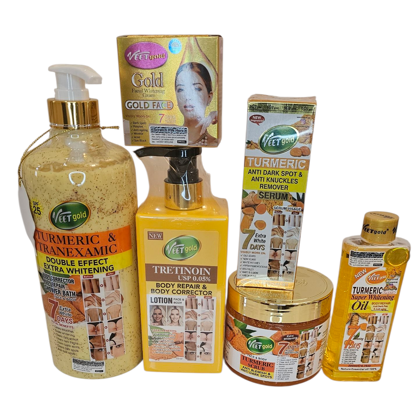 Set of 6 Turmeric Body Lotion, shower gel, face cream, face serum, scrub and body Oil.