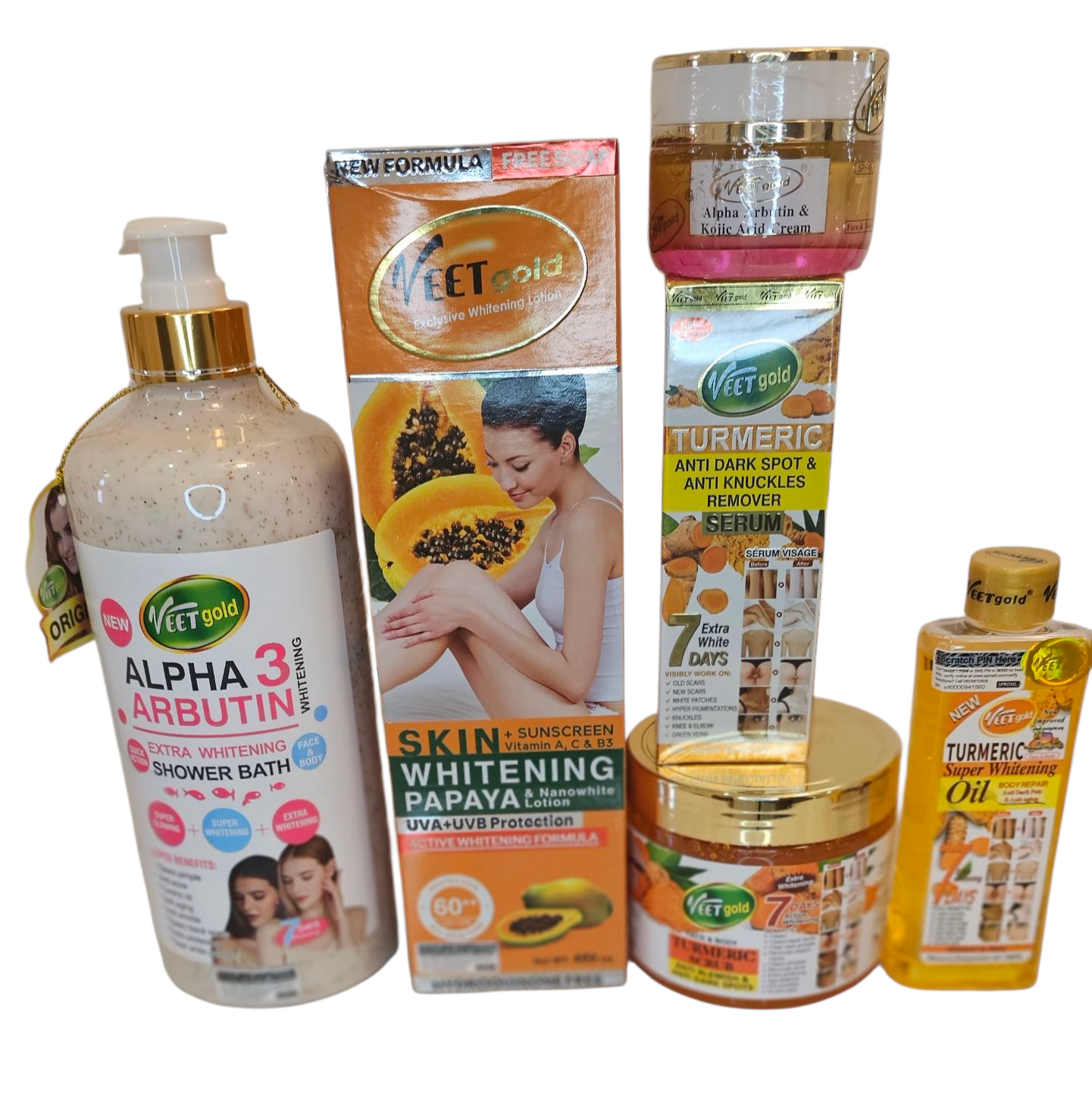 Set of 6. Papaya whitening Lotion, Alpha 3 shower gel, face cream, face serum, scrub & Oil.