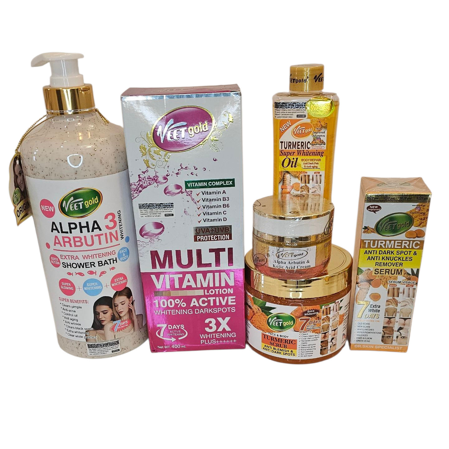Set of 6. Multivitamin Lotion, Alpha arbutin shower gel, face cream, face serum, scrub & Oil