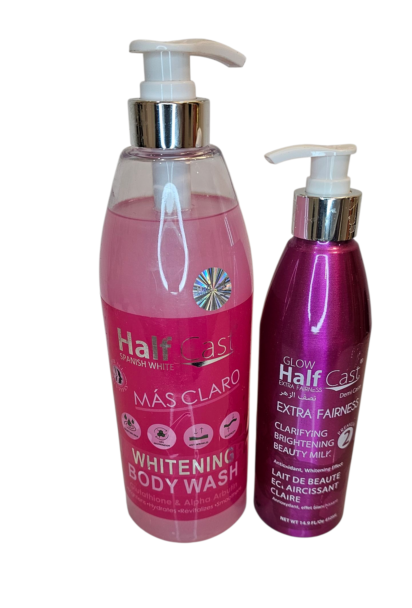 2 in 1 Halfcast Mas Claro Spanish White Bath 1000ml & Glow Extra Fairness Brightening Beauty Milk 450ml