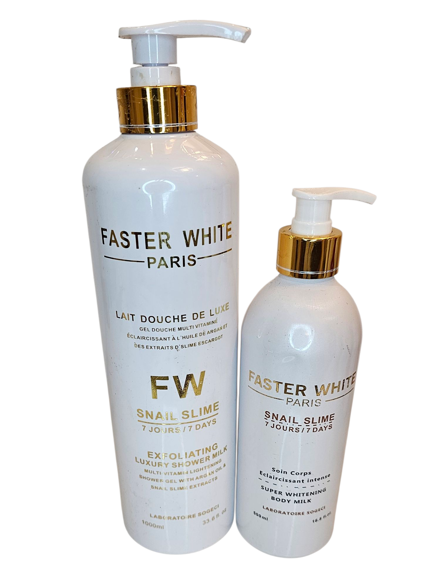 2 in 1 Faster White Paris Snail Slime 7 Days Body Milk & Exfoliating Shower Milk - Luxe Gel Douche Multi-Action